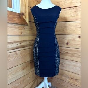 Enfocus Studio Women’s Size 8 Navy Silver Midi Dress Formal Even Office Guest